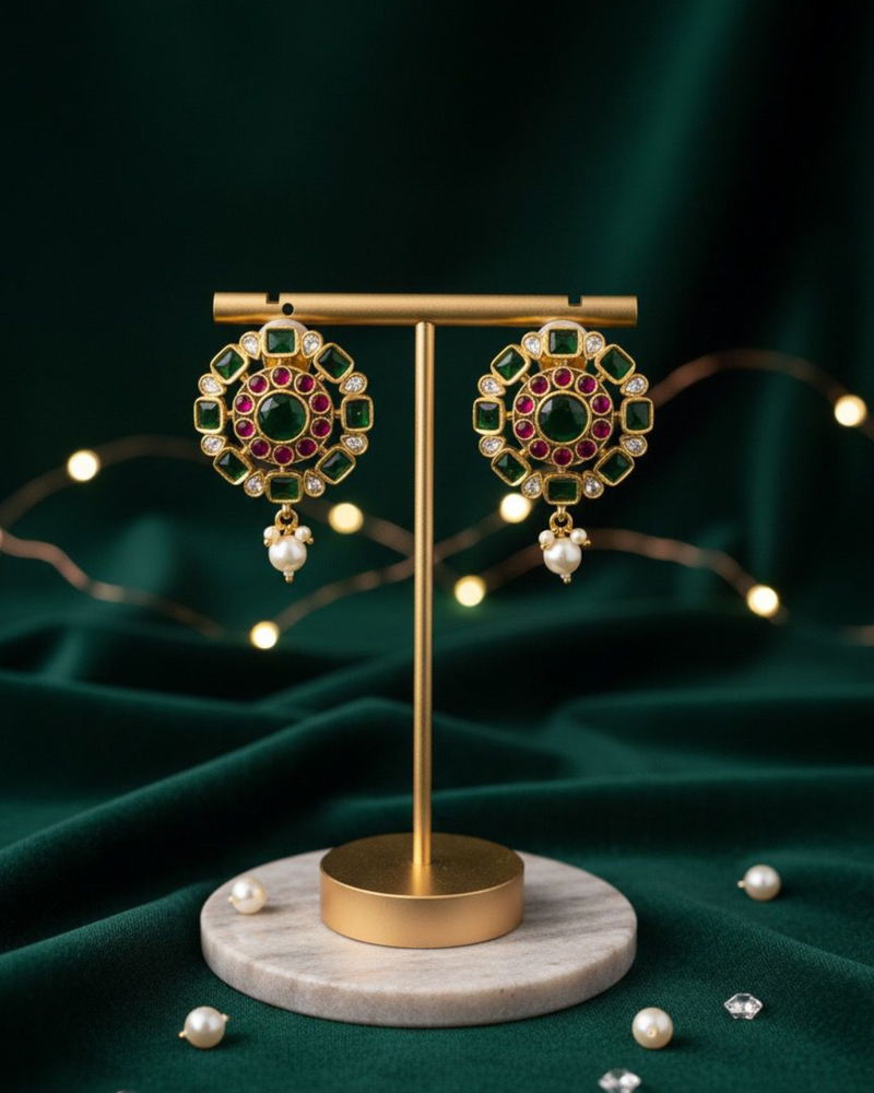 Kundan Stud Earrings with Pearl Drop | Red & Green Stones | 18k Gold Plated Festive Studs