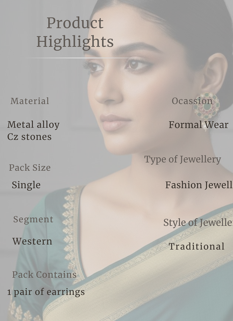 Kundan Stud Earrings with Pearl Drop | Red & Green Stones | 18k Gold Plated Festive Studs