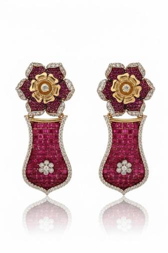 Ruby Mosaic Flower Statement Earrings | 18k Gold Plated Red Stone Floral Drop Earrings | Elegant Party Wear