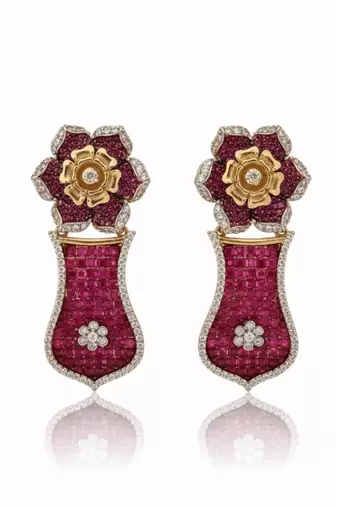 Ruby Mosaic Flower Statement Earrings | 18k Gold Plated Red Stone Floral Drop Earrings | Elegant Party Wear