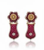 Ruby Mosaic Flower Statement Earrings | 18k Gold Plated Red Stone Floral Drop Earrings | Elegant Party Wear