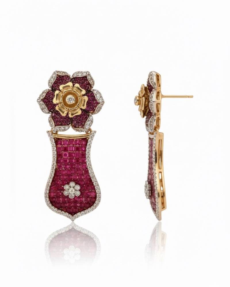 Ruby Mosaic Flower Statement Earrings | 18k Gold Plated Red Stone Floral Drop Earrings | Elegant Party Wear