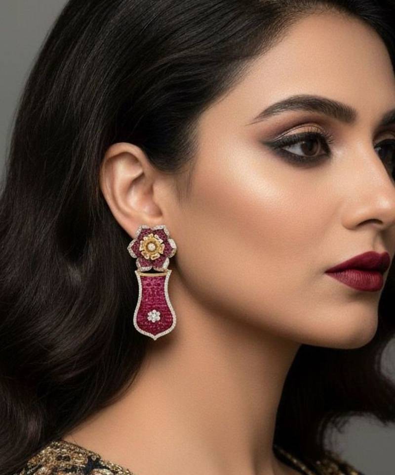 Ruby Mosaic Flower Statement Earrings | 18k Gold Plated Red Stone Floral Drop Earrings | Elegant Party Wear
