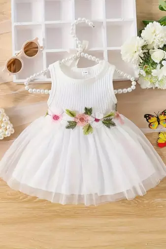 White floral embroidered net fit & flare kids dress