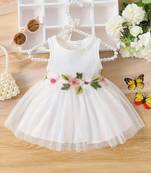 White floral embroidered net fit & flare kids dress