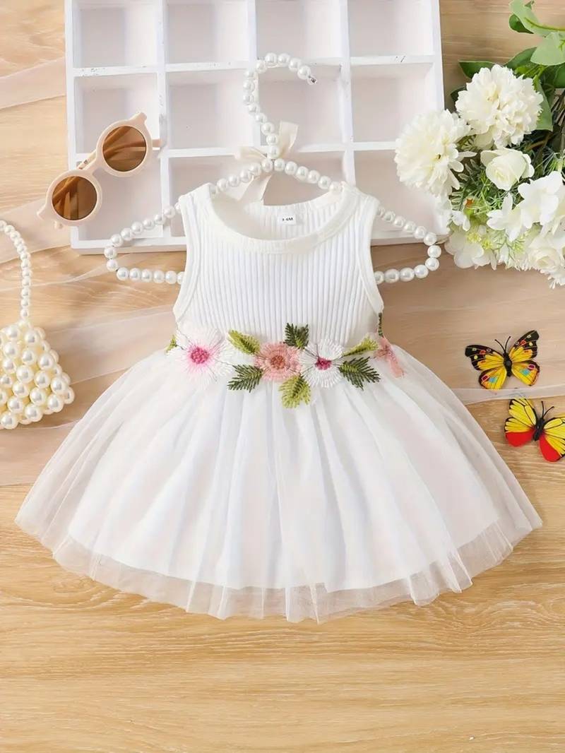 White floral embroidered net fit & flare kids dress