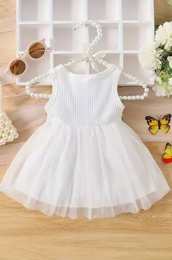White floral embroidered net fit & flare kids dress
