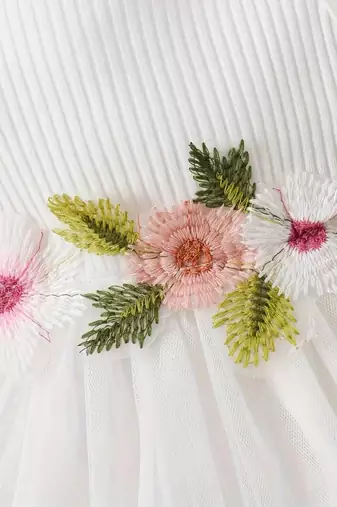 White floral embroidered net fit & flare kids dress