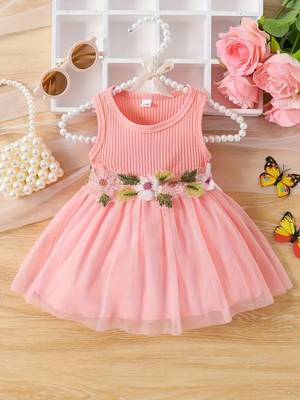 Pink floral embroidered net fit & flare kids dress 1