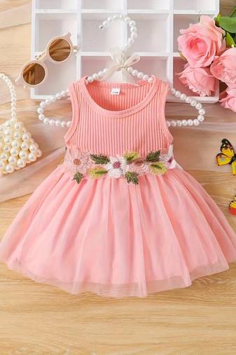 Pink floral embroidered net fit & flare kids dress