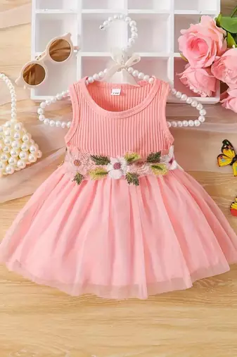 Pink floral embroidered net fit & flare kids dress