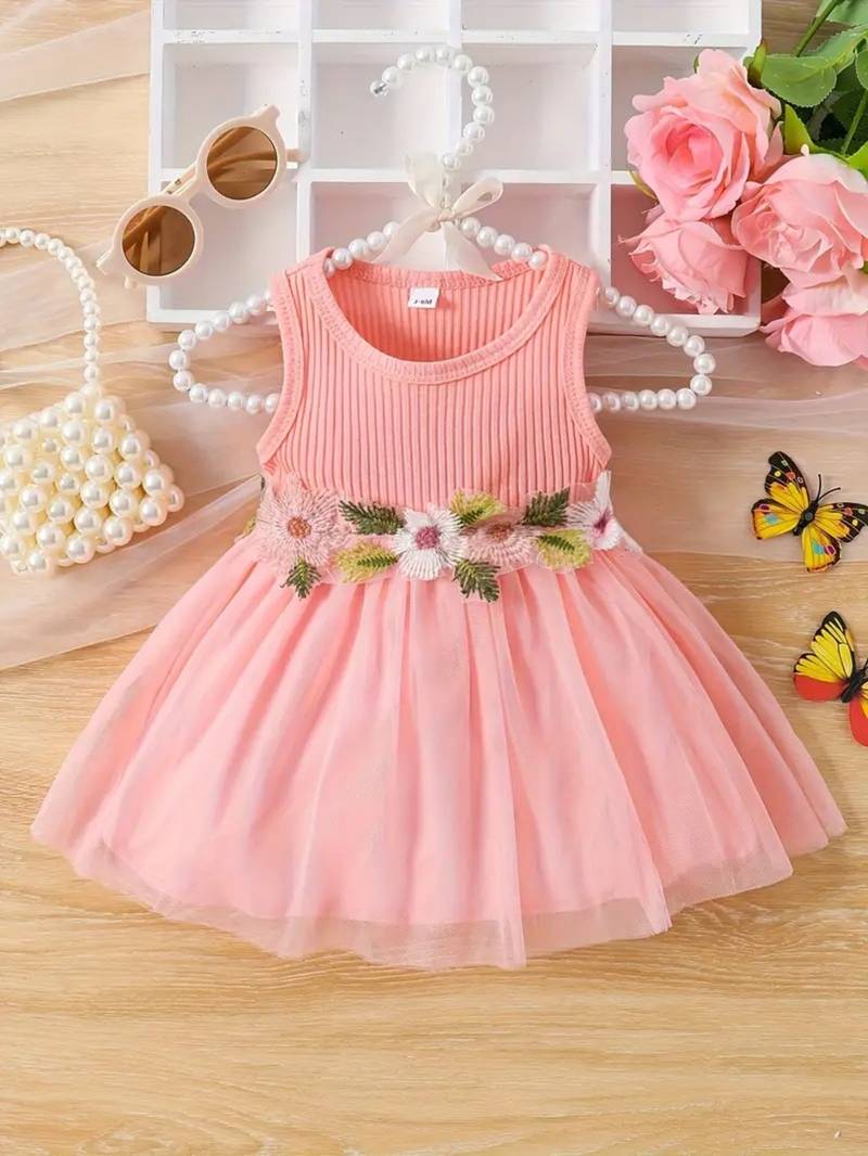 Pink floral embroidered net fit & flare kids dress