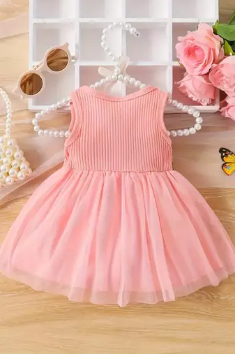 Pink floral embroidered net fit & flare kids dress