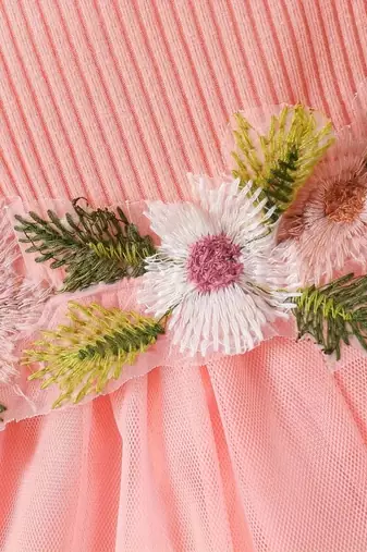 Pink floral embroidered net fit & flare kids dress