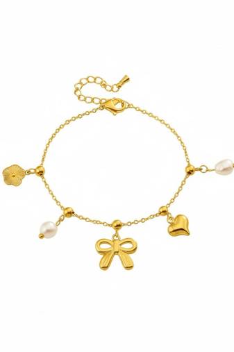 Lily Bow Heart Charms Bracelet | 18K Gold Plated Anti Tarnish Charm Bracelet for Women