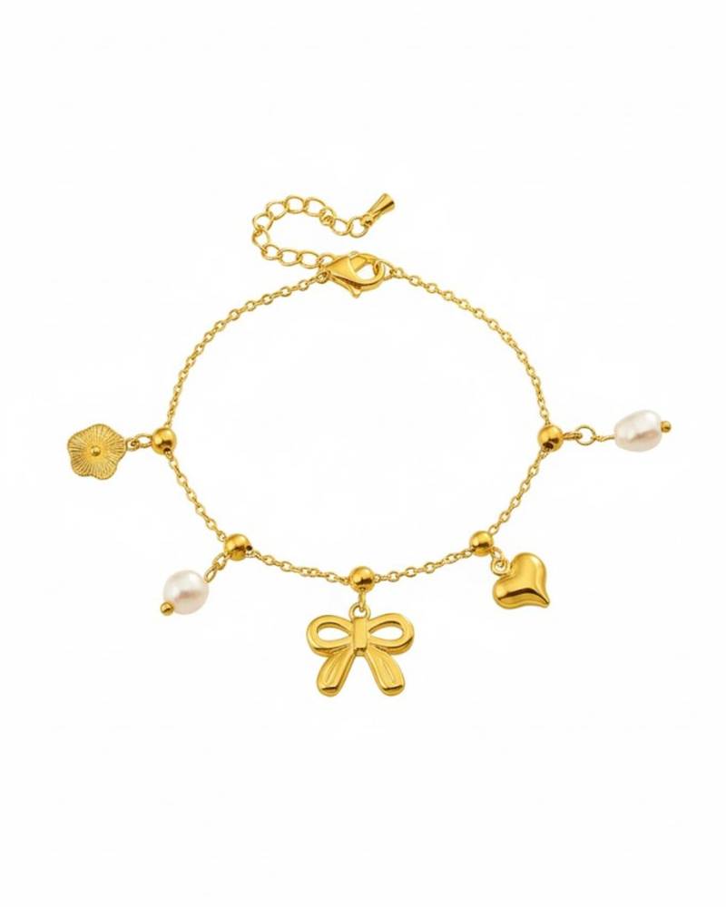 Lily Bow Heart Charms Bracelet | 18K Gold Plated Anti Tarnish Charm Bracelet for Women