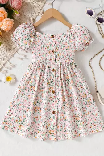Multicolor floral printed cotton puff sleeve kids dress