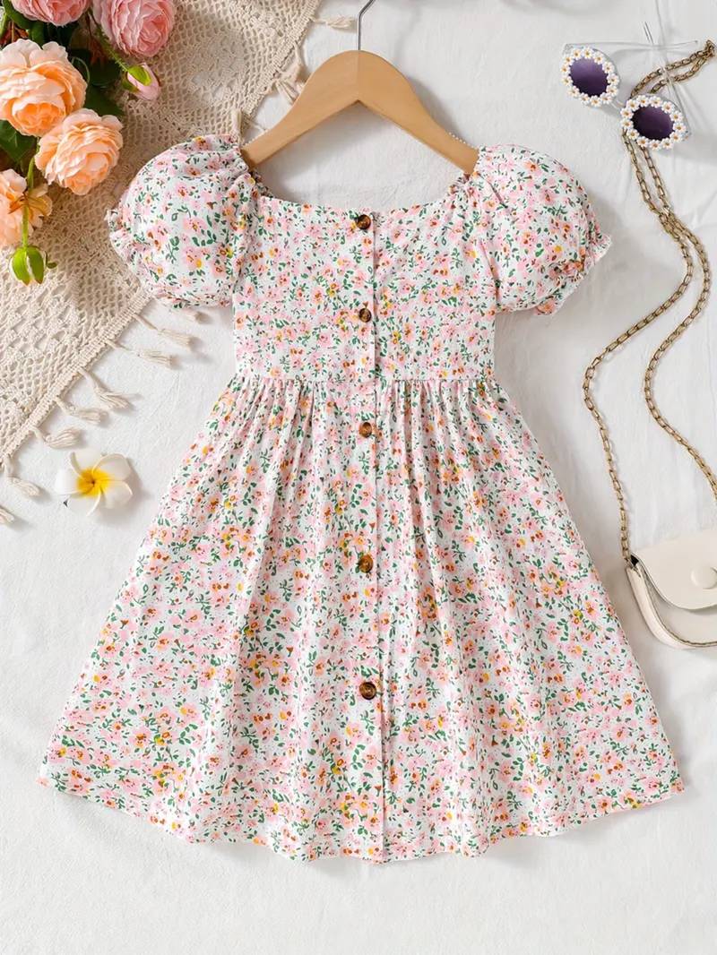 Multicolor floral printed cotton puff sleeve kids dress