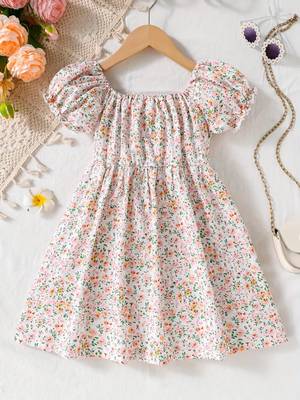 Multicolor floral printed cotton puff sleeve kids dress 2