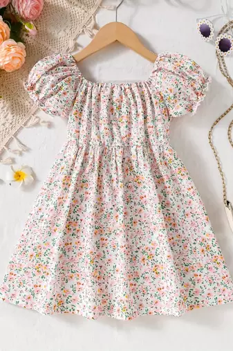 Multicolor floral printed cotton puff sleeve kids dress