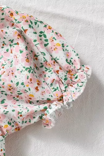 Multicolor floral printed cotton puff sleeve kids dress