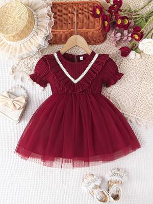 Maroon embellished net fit & flare kids party dress 1