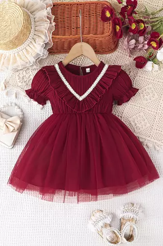 Maroon embellished net fit & flare kids party dress