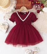 Maroon embellished net fit & flare kids party dress