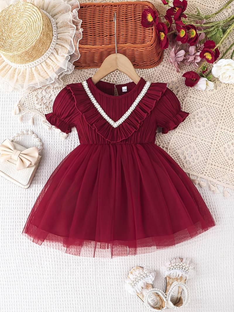 Maroon embellished net fit & flare kids party dress