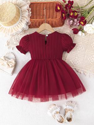 Maroon embellished net fit & flare kids party dress 2