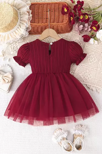 Maroon embellished net fit & flare kids party dress