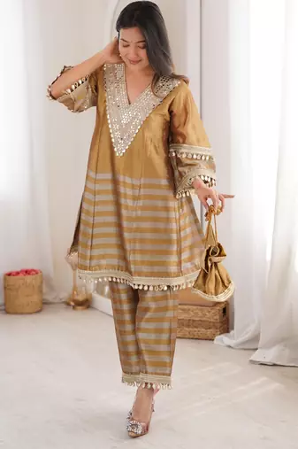  two-tone tissue kurti palazzo set with mirror work & batwa