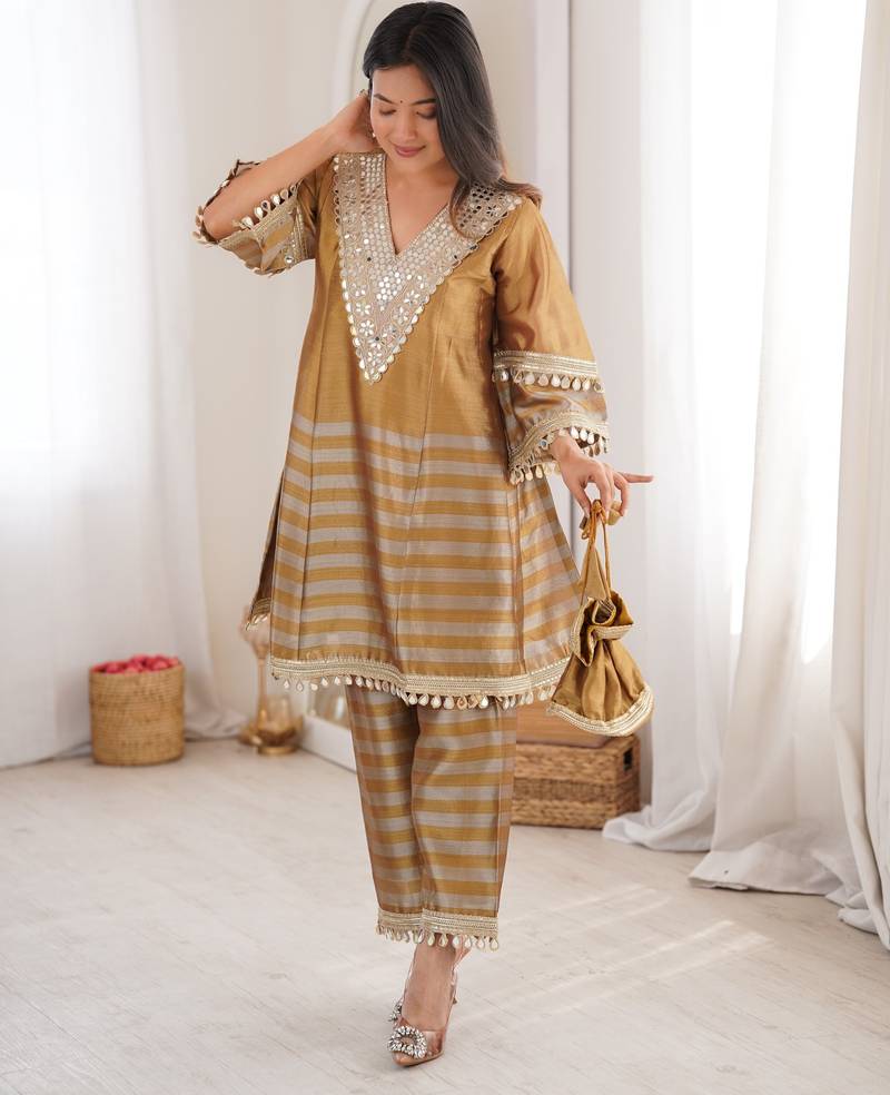  two-tone tissue kurti palazzo set with mirror work & batwa