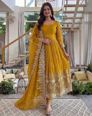 Designer crunchy silk embroidered gown set with dupatta & bottom | zari sequin party wear 1