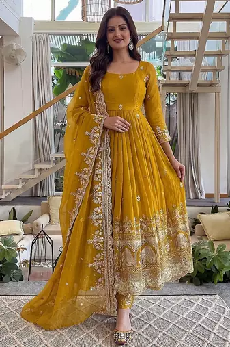 Designer crunchy silk embroidered gown set with dupatta & bottom | zari sequence party wear