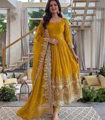 Designer crunchy silk embroidered gown set with dupatta & bottom | zari sequence party wear