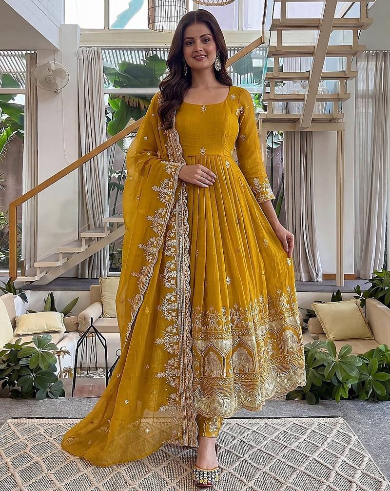 Designer crunchy silk embroidered gown set with dupatta & bottom | zari sequence party wear
