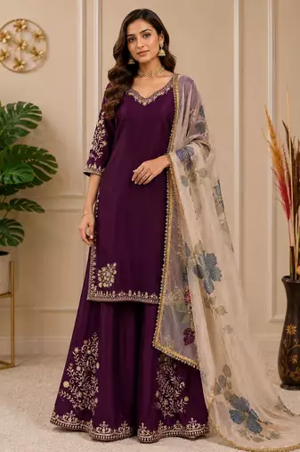 Chinon suit with sequence embroidery gharara & organza dupatta | designer party wear set