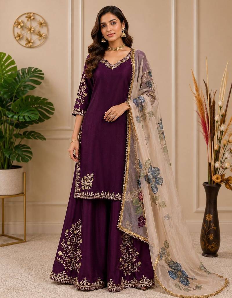 Chinon suit with sequence embroidery gharara & organza dupatta | designer party wear set