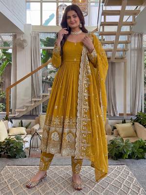 Designer crunchy silk embroidered gown set with dupatta & bottom | zari sequin party wear 2