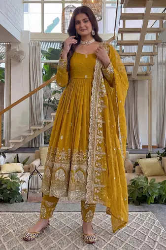 Designer crunchy silk embroidered gown set with dupatta & bottom | zari sequin party wear