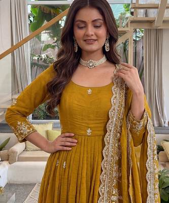 Designer crunchy silk embroidered gown set with dupatta & bottom | zari sequin party wear 3