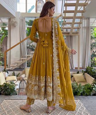 Designer crunchy silk embroidered gown set with dupatta & bottom | zari sequin party wear 4
