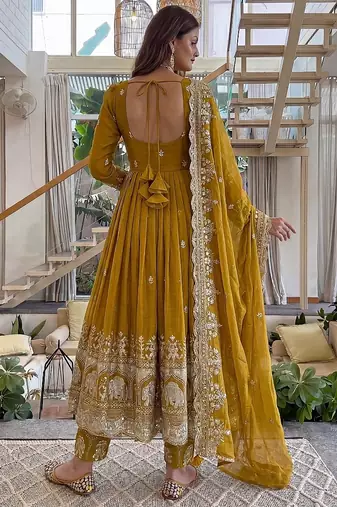 Designer crunchy silk embroidered gown set with dupatta & bottom | zari sequin party wear
