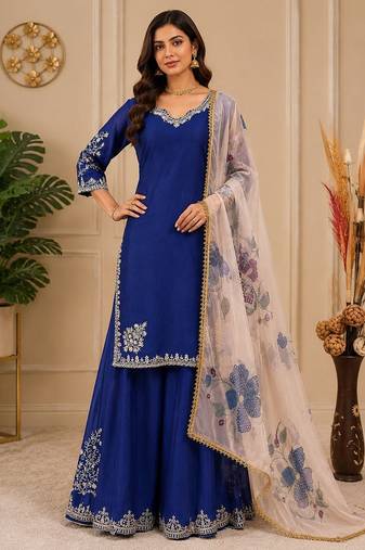 Chinon suit with sequin embroidery gharara & organza dupatta 