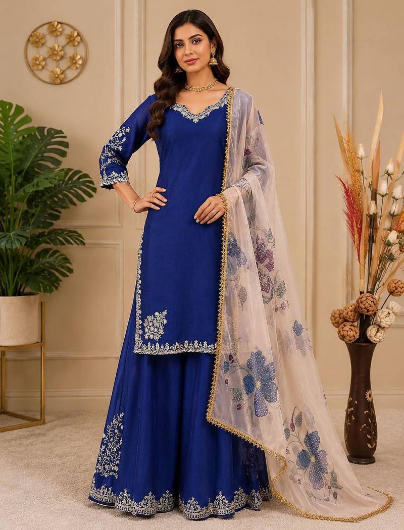 Chinon suit with sequin embroidery gharara & organza dupatta 