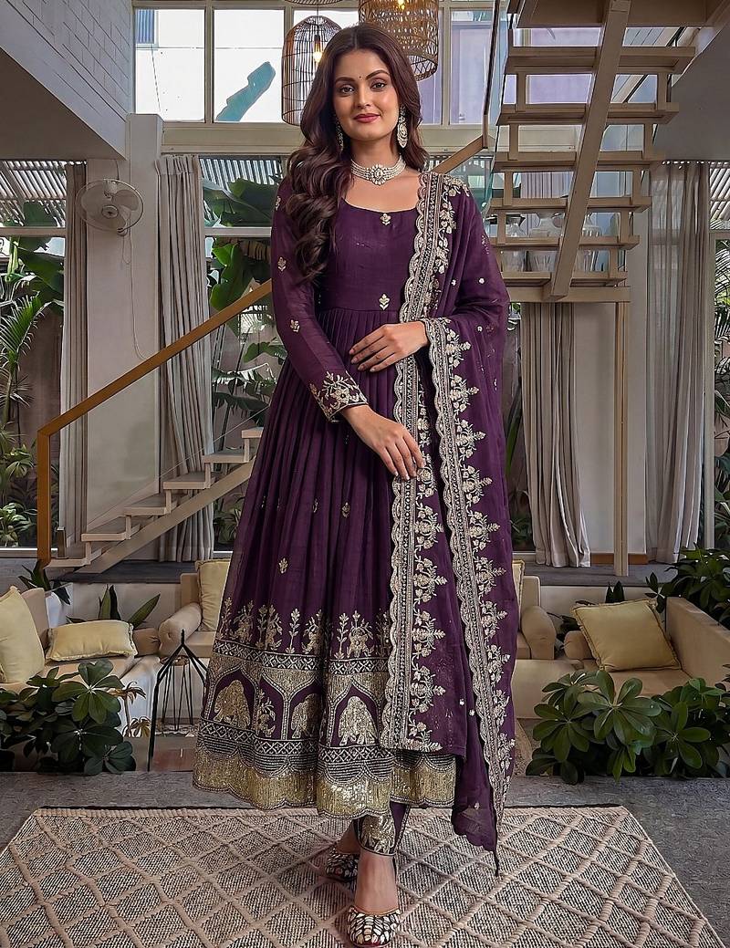  crunchy silk embroidered gown set with dupatta & bottom 