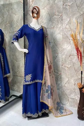 Chinon suit with sequin embroidery gharara & organza dupatta 