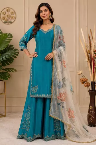 Chinon suit with sequin embroidery gharara & organza dupatta 