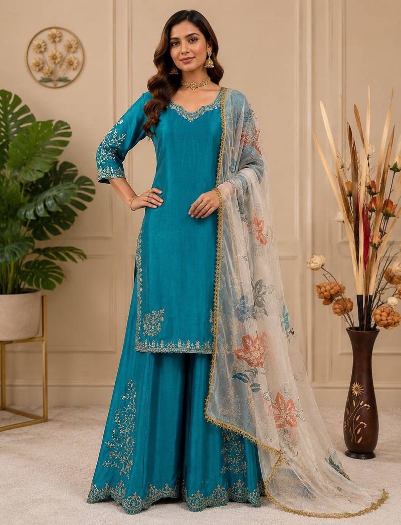 Chinon suit with sequin embroidery gharara & organza dupatta 